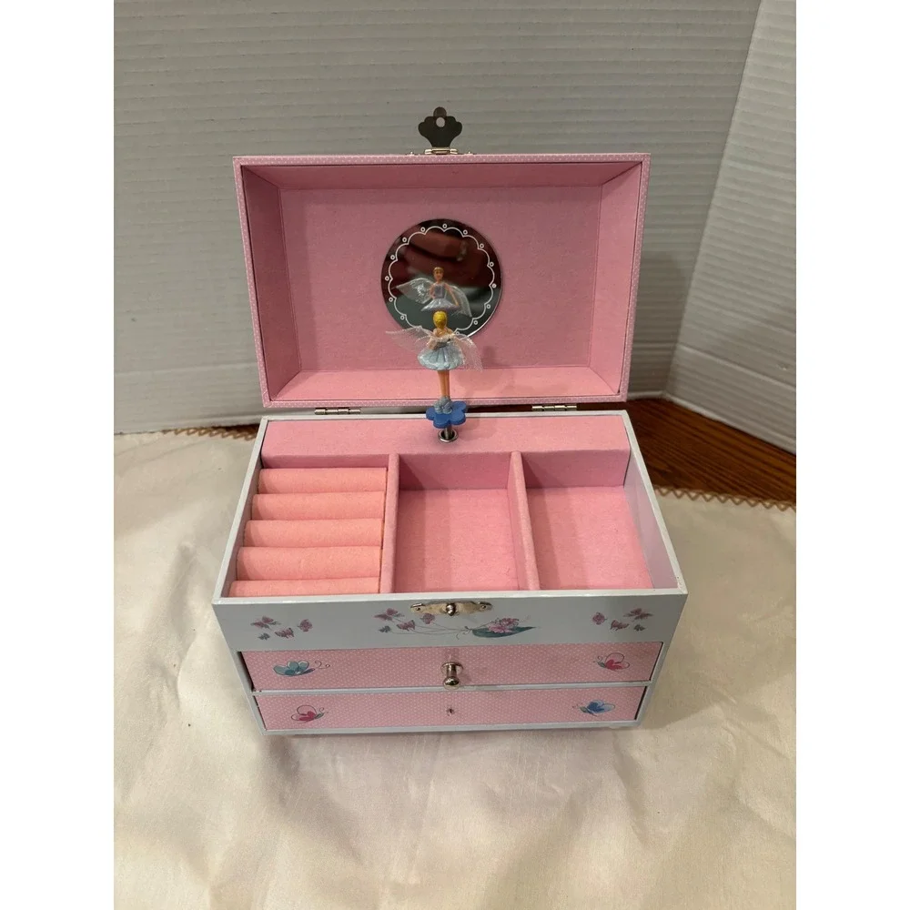 Fairy Garden Musical Jewelry Box with Spinning Ballerina and Two Drawers Pink